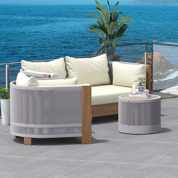 3Pcs Outdoor Sofa Set with Round Coffee Table & Woven Rope Chair in Natural & Gray